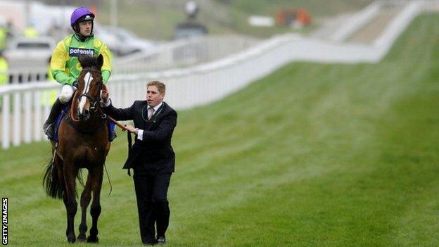 Kauto Star is lead off the course after being pulled up during the Cheltenham Gold Cup in 2012