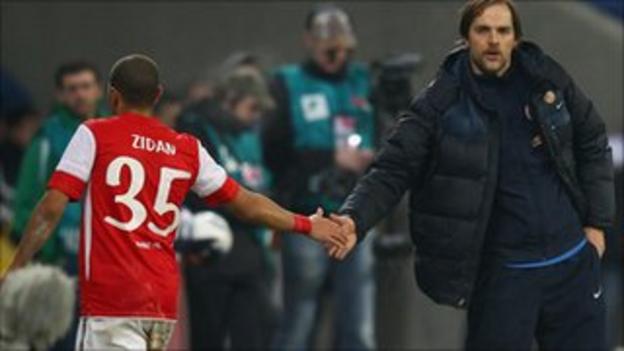 Zidan receives the approval of coach Thomas Tuchel after leaving the field following his goalscoring display in the 1-1 draw against Hoffenheim