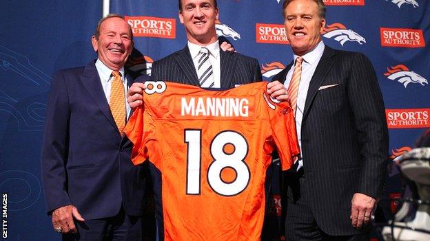 Peyton Manning (centre) flanked by Broncos owner Pat Bowlen (left) and vice president of football operations John Elway