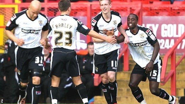 Notts players congratulate Jonathan Forte after one of his goals in the hat-trick against Charlton