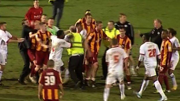 Bradford and Crawley players post-match brawl