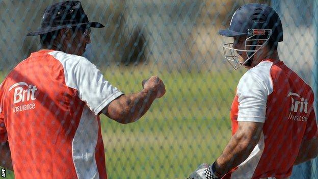 Graham Gooch with England captain Andrew Strauss in the nets