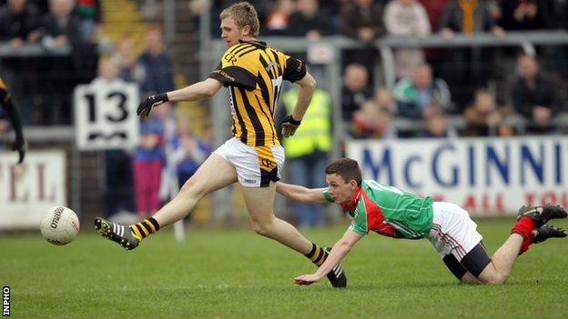 Francis Hanratty hammers in Crossmaglen's first goal at Breffni Park