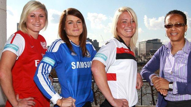 Arsenal's Steph Houghton, Chelsea's Claire Rafferty, Lincoln's Megan Harris and England coach Hope Powell