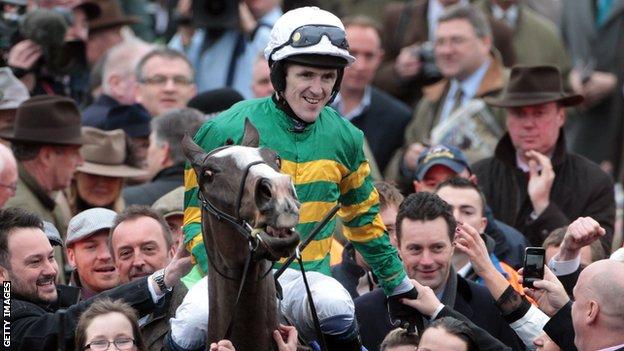 Tony McCoy celebrates his Cheltenham Gold Cup win on Synchronised in March