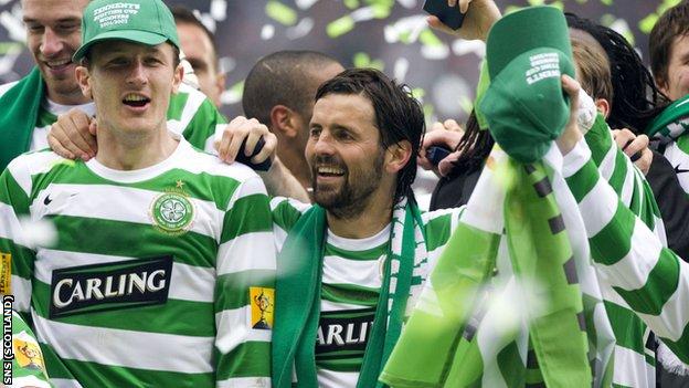 Hartley (right) celebrates his 2007 Scottish Cup final win with Celtic