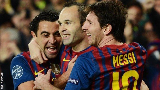 Barcelona trio Xavi, Andres Iniesta and Lionel Messi