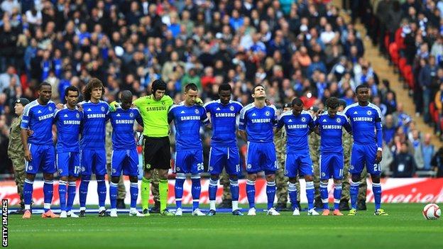 Chelsea players at the intended minute's silence at Wembley