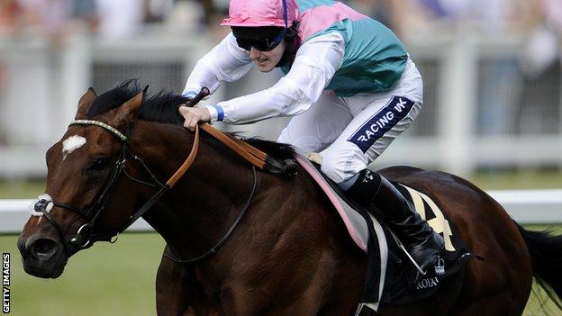 Champion racehorse Frankel with rider Tom Queally at The St James's Palace Stakes at Ascot racecourse