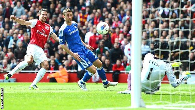 Robin van Persie sees a shot saved by Petr Cech