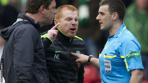 Neil Lennon (centre) aims his wrath at Euan Norris at the end of the Scottish Cup semi-final