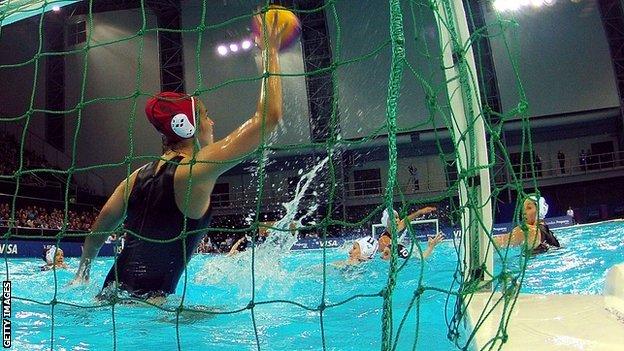 Robyn Nicholls of Great Britain saves a shot on goal during the Visa Water Polo International test event match between Hungary