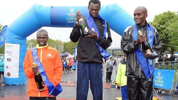 2012 Belfast Marathon winner Urga Negewo with runners-up David Kipserem Kisang and Jacob Chesire