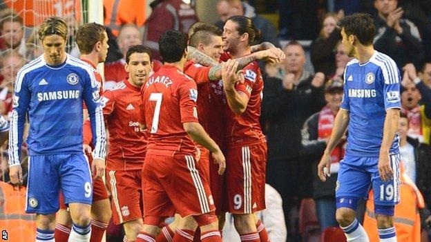 Liverpool's Daniel Agger, third right, celebrates with teammates