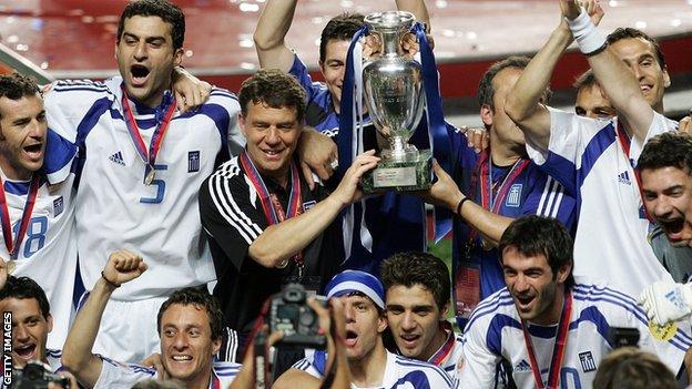 Greece celebrate their stunning Euro 2004 triumph