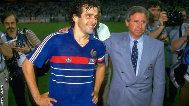 France captain Michel Platini and coach Michel Hidalgo after victory over Spain in the 1984 European Championship final