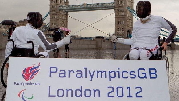 Wheelchair fencers in front of Tower Bridge in London