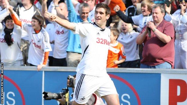 Danny Graham celebrates scoring the winning goal against Liverpool