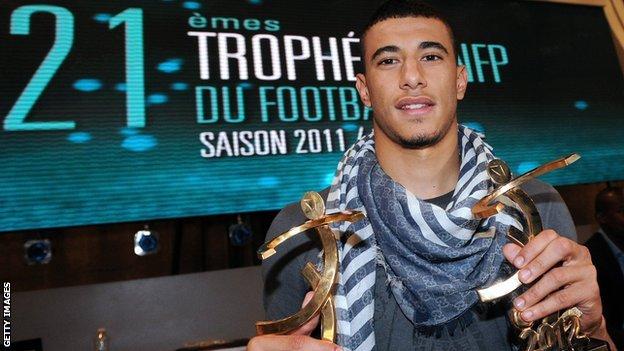 Morocco and Montpellier's Younes Belhanda with his French league Young Player of the Year award