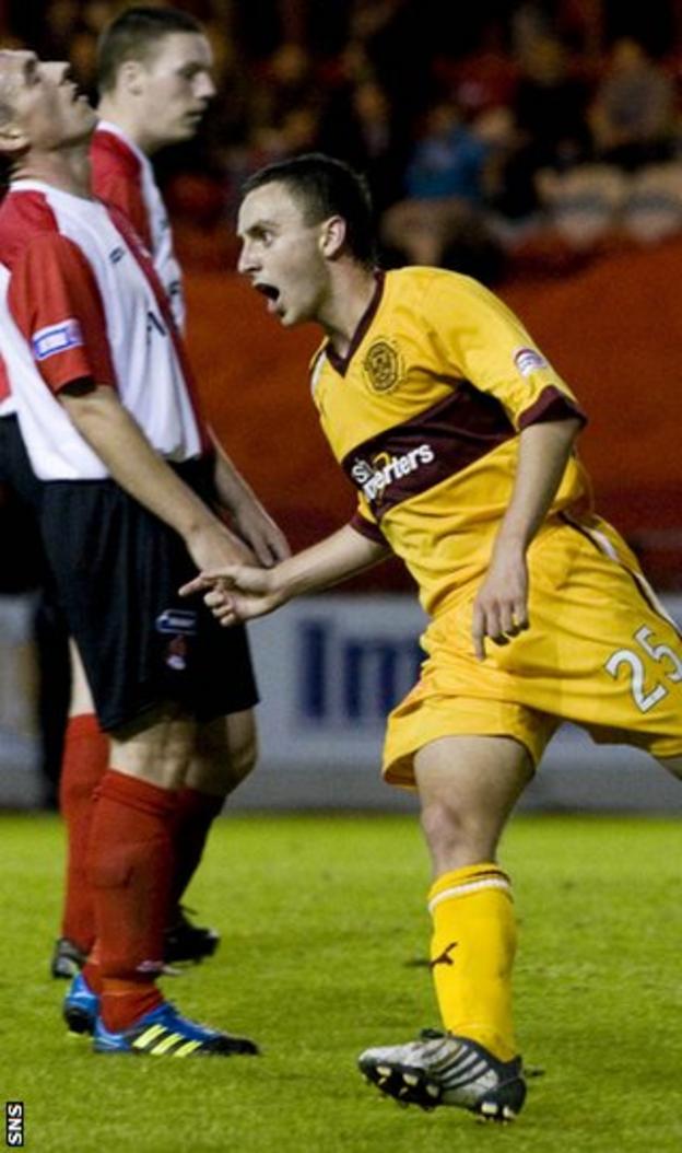 Lawless celebrates after scoring against Clyde in the Scottish Communities League Cup