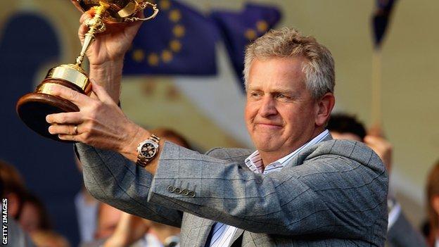 Colin Montgomerie holds aloft the Ryder Cup at Celtic Manor in 2010