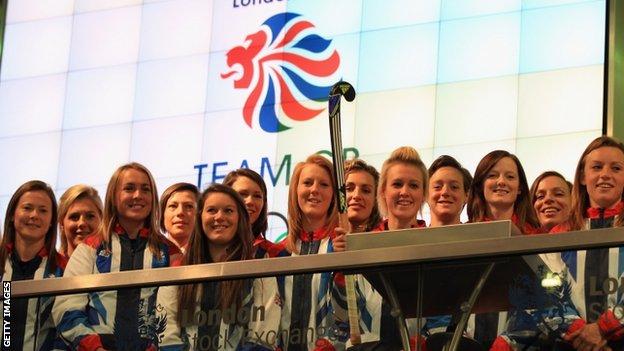 Team GB women's hockey squad at the London Stock Exchange