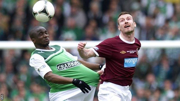 Elliott (right) in action against Hibs in the Scottish Cup final