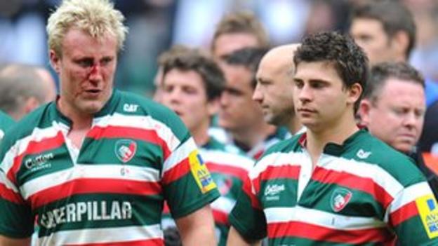 Leicester's Jordan Crane and Ben Youngs look dejected after losing the 2011 Premiership final to Saracens