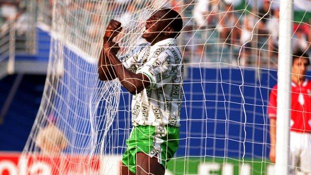 Rashidi Yekini celebrates scoring Nigeria's first ever World Cup goal, as the 1994 finals in the United States