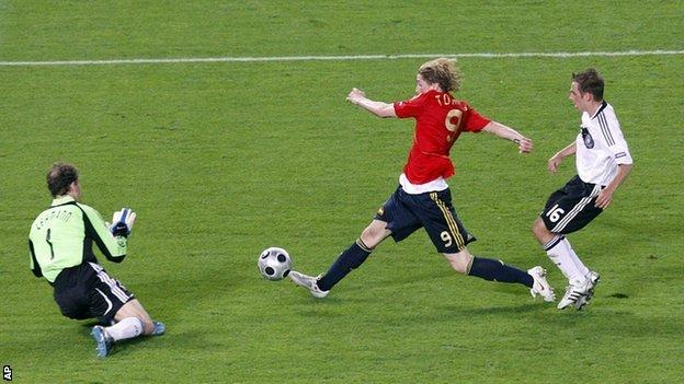 Fernando Torres scores the winning goal in the Euro 2008 final