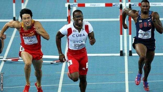 110m hurdlers Liu Xiang, Dayron Robles and David Oliver