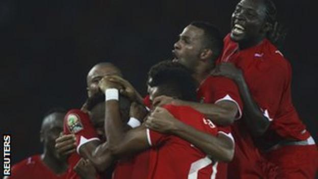 Equatorial Guinea celebrate their match-winning goal against Libya