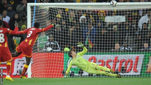 Ghana's Asamoah Gyan hits the crossbar with his penalty in the 2010 World Cup quarter-final against Uruguay, a match the Black Stars went on to lose