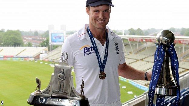 England captain Andrew Strauss with the series trophies