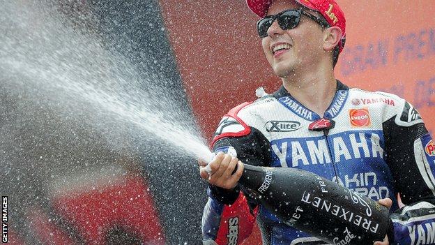 MotoGP rider Jorge Lorenzo celebrates his victory in Catalunya