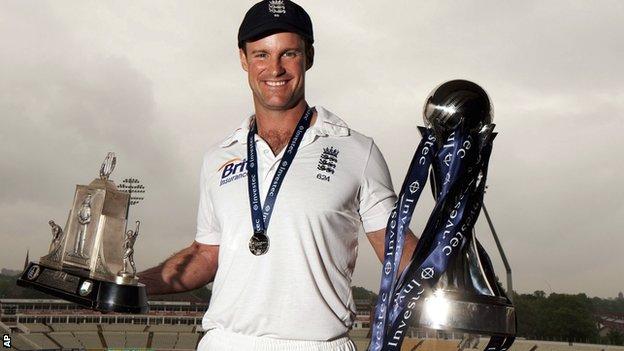 England captain Andrew Strauss with the Wisden Trophy (left)