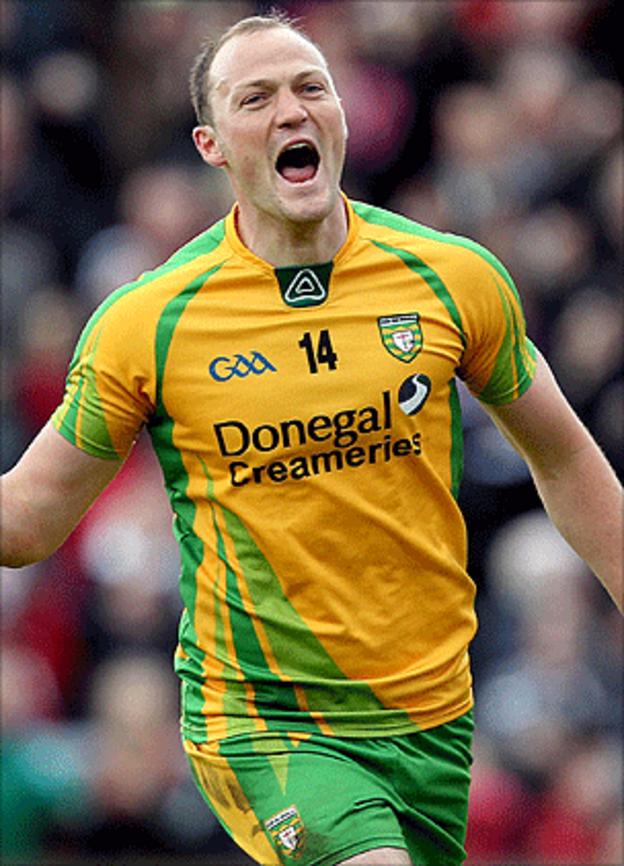Colm McFadden celebrates after scoring Donegal's second goal against Derry
