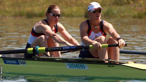 Helen Glover (left) and Heather Stanning row at Munich