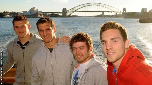 Dan Lydiate, Sam Warburton, Leigh Halfpenny and George North at the Sydney Harbour Bridge
