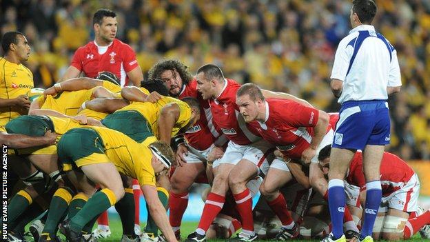 Wales and Australia prepare for a scrum in the first Test in Brisbane