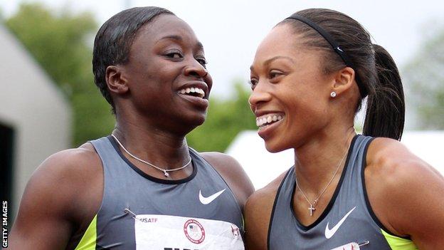 Jeneba Tarmoh and Allyson Felix embrace after their dead heat at USA Olympic trials