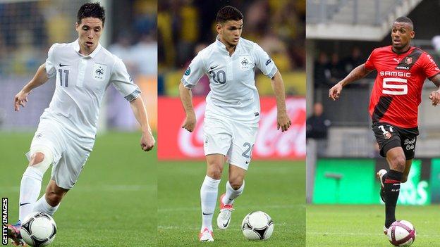 France players Samir Nasri [l], Hatem Ben Arfa and Yann M'Vila [r]