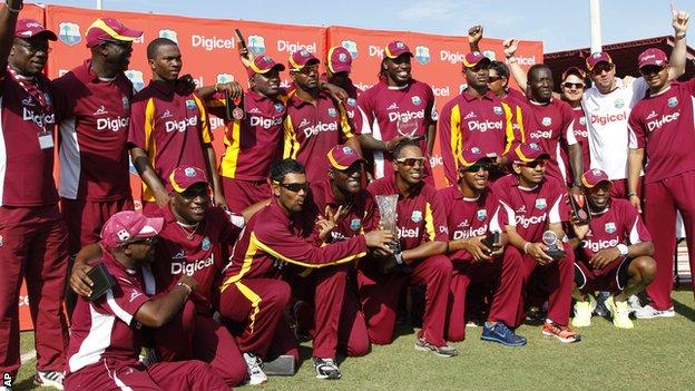 West Indies celebrate with the Twenty20 series trophy