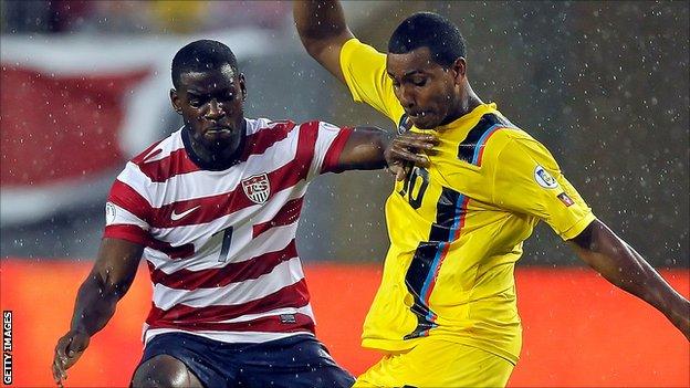 Keiran Murtagh (r) in action for Antigua & Barbuda against the USA in June