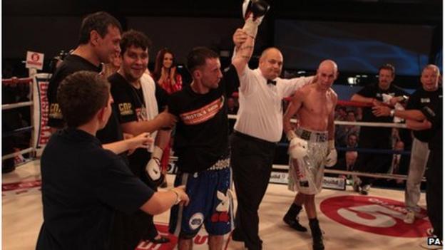 Lee Haskins celebrates his win over Stuart Hall at the Hand Arena, Clevedon, North Somerset