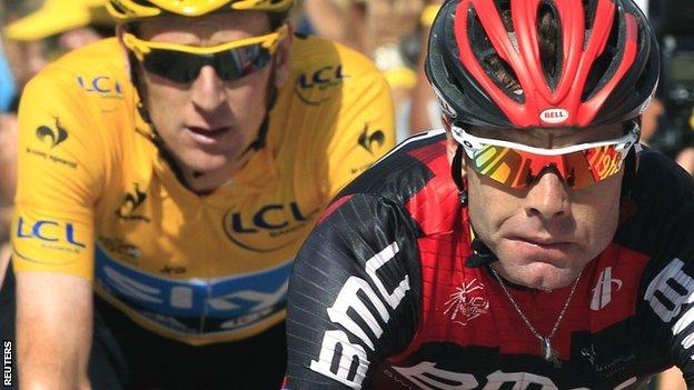 Cadel Evans (right) crosses the finish line with Bradley Wiggins right behind him