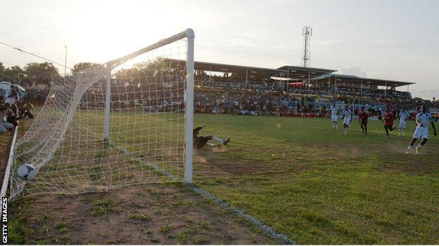 South Sudan's Richard Justin scores a penalty against Uganda