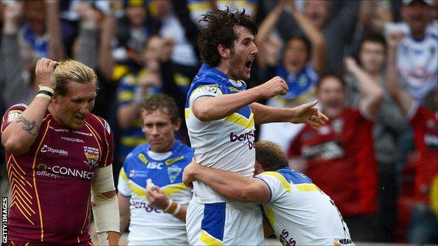 Stefan Ratchford celebrates his try in Warrington's Challenge Cup semi-final victory against Huddersfield