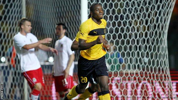 Edwin Ouon celebrates the second goal for AEL