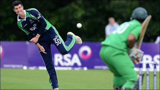 George Dockrell bowling for Ireland against Bangladesh